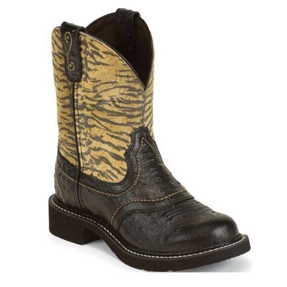 Justin Gypsy BLACK OSTRICH PRINT FOOT GOLDEN ZEBRA PRINT DIAMOND CUT PULL STRAPS - Picture 1 of 9